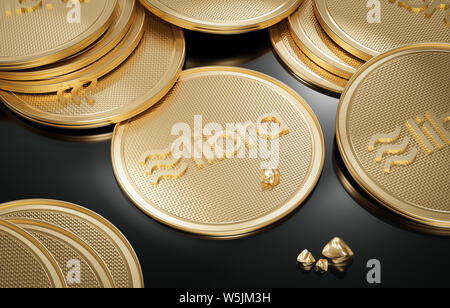 Concetto di golden Libra medaglia con logo sulla parte anteriore e di pepite d'oro posto su nero superficie lucidata. Nuovo progetto di digital crypto valuta di pagamento. 3D Foto Stock