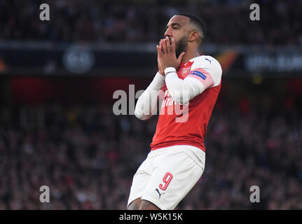 Londra, Inghilterra - 2 Maggio 2019: Alexandre Lacazette dell'Arsenal nella foto durante la prima tappa del 2018/19 UEFA Europa League semifinali partita tra Arsenal FC (Inghilterra) e Valencia CF (Spagna) all'Emirates Stadium. Foto Stock