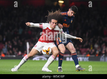 Londra, Inghilterra - 2 Maggio 2019: Matteo Guendouzi di Arsenal nella foto durante la prima tappa del 2018/19 UEFA Europa League semifinali partita tra Arsenal FC (Inghilterra) e Valencia CF (Spagna) all'Emirates Stadium. Foto Stock