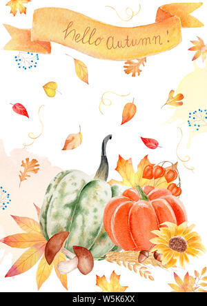 Ciao autunno acquerello Intestazione raster, biglietto di auguri Modello. Caduta stagione acquerello poster, formato cartolina. Azienda agricola alimenti e fogliame disegnati a mano illu Foto Stock