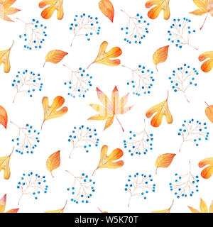 Fogliame e bacche acquerello seamless pattern raster. Bosco autunnale simboli trama decorative. Carta da parati, la carta di avvolgimento acquerello desig Foto Stock