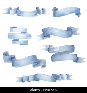 Ciano Creative blue ribbon acquerello illustrazioni raster set. Bella pagina di intestazione vuota strisce con lo spazio di testo. Vari nastri premium emblemi isolati su Foto Stock