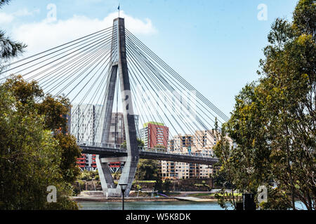 Anzac Bridge in Sydney spanning Johnstons baia tra Pyrmont e Glebe. Preso da Glebe con il CBD di Sydney in background. Foto Stock