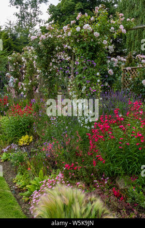 Un giardino inglese in estate. Una stretta fino a una frontiera di piante erbacee perenni in piena fioritura. Foto Stock