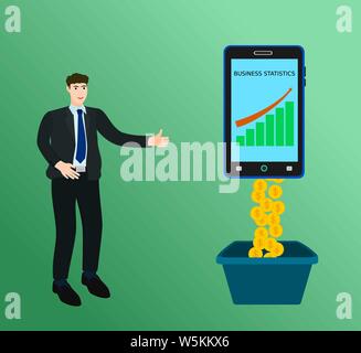 Imprenditore di successo denaro profitto con dispositivo smartphone display grafico di crescita Illustrazione Vettoriale