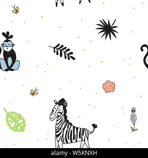 Simpatici Animali safari disegno infantile. Seamless sfondo vettoriale con zebra e scimmia Illustrazione Vettoriale