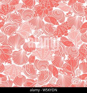 Vector Coral Pink schema di ripetizione con varietà di conchiglie overlaping. Perfetto per tessuto, scrapbooking, sfondo progetti. Illustrazione Vettoriale
