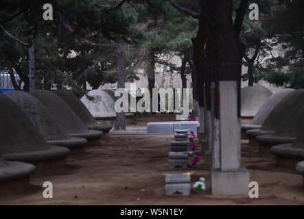 Cinese soldati PLA di accompagnare i resti di dieci soldati cinesi uccisi nel 1950-53 guerra coreana durante una cerimonia di sepoltura a uno dei martiri park di Shen Foto Stock