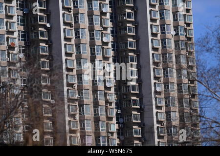 Un edificio residenziale è installato con tv satellitare ricevitore piatti in Shenyang City, a nord-est della Cina di provincia di Liaoning, 2 aprile 2019. Foto Stock