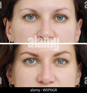 Confronto foto prima e dopo il trucco permanente, di tatuaggio delle sopracciglia per la donna nel salone di bellezza Foto Stock