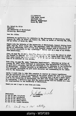 James Meredith la lettera al Cancelliere, University of Mississippi Marzo 26, 1961; l'ambito e il contenuto: Lettera di Giacomo Meredith concernenti la sua applicazione alla University of Mississippi. Note generali: Kennedy,John F. Foto Stock