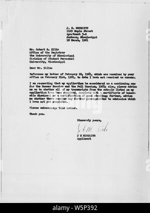 James Meredith la lettera al Cancelliere, University of Mississippi Marzo 18, 1961; l'ambito e il contenuto: Lettera di Giacomo Meredith concernenti la sua applicazione alla University of Mississippi. Note generali: Kennedy,John F. Foto Stock