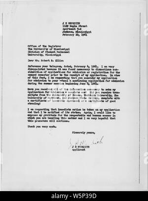 James Meredith la lettera al Cancelliere, University of Mississippi Febbraio 20, 1961; l'ambito e il contenuto: Lettera di Giacomo Meredith concernenti la sua applicazione alla University of Mississippi. Note generali: Kennedy,John F. Foto Stock