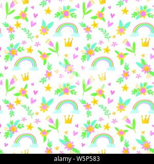 Vettore di perfetta estate pattern con arcobaleni e fiori Illustrazione Vettoriale