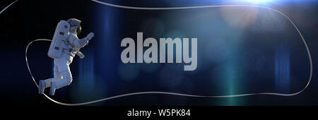Astronauta con attacco di sicurezza eseguendo una spacewalk nello spazio vuoto (3d rendering scienza banner, elementi di questa immagine sono arredate dalla NASA) Foto Stock