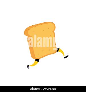 Illustrazione di un tostapane in esecuzione. Esecuzione di un pezzo di pane. Vettore. Carattere croccante con gambe. Icona per il sito. Segno, il logo per il negozio. Offrire Illustrazione Vettoriale