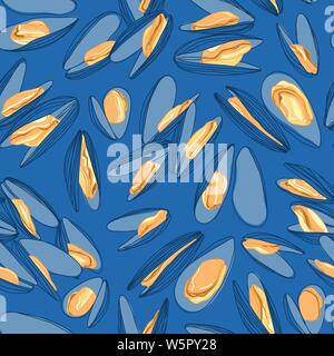 Disegnato a mano le cozze arancione in gusci schizzo Disegno della linea senza cuciture ornamentali Pattern sul blu. Ristorante Gourmand cibo Illustrazione Vettoriale