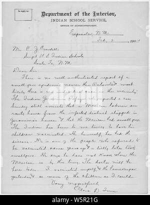 Lettera al Soprintendente concering una possibile epidemia di piccolo-varicella.; Portata e contenuto: Lettera a Supt. Crandall da Miss vero per quanto concerne la possibile insorgenza di piccole-varicella in Antonito. Lei ha riferito che Geronimo Tafaya ammessi un messicano operaio dalla zona infetta a pernottare nella sua casa. Egli aveva la sua intera famiglia vaccinati. Egli ha rifiutato la vaccinazione di un paio di anni fa e hanno contratto la malattia. Miss vero vaccinati se stessa e la sua governante e come molti dei bambini come poteva. Foto Stock