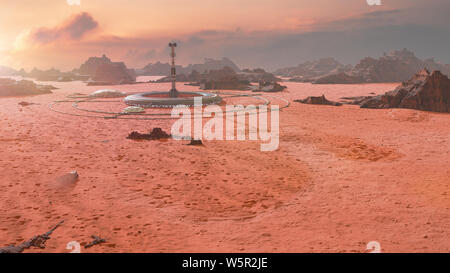 Habitat nel deserto marziano paesaggio, prima colonia sul pianeta Marte Foto Stock