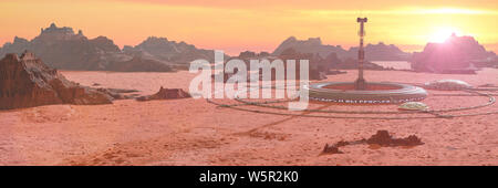 Habitat nel deserto marziano paesaggio, prima colonia sul pianeta Marte Foto Stock