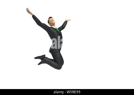 Giocattolo imprenditore in miniatura statuetta è saltare di gioia e di felicità, concetto isolato su sfondo bianco Foto Stock