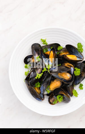 Cattura di fresco cozze servite sulla piastra,ristorante di pesce piatto. Foto Stock