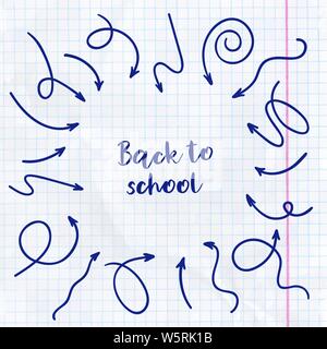 Freccia set di inchiostro sul foglio di notebook nella cella. Set di vettore Illustrazione Vettoriale