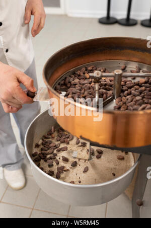 Le fave di cacao in Pierre Lionneton fabbrica di cioccolato, nel sud-est della Francia: mano che tiene le fave di cacao Foto Stock