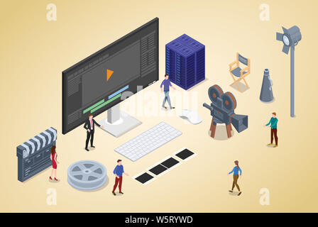 Editing video il concetto di produzione con il team di persone e editor con moderni isometrica stile piatto - illustrazione vettoriale Foto Stock