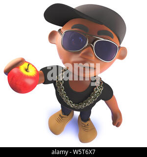 Immagine di rendering di un nero cartoon hiphop rapper personaggio in 3d di mangiare un Apple Foto Stock