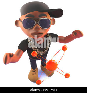 Immagine 3D di un cartoon black hip hop rapper in 3d con atomo nucleare Foto Stock