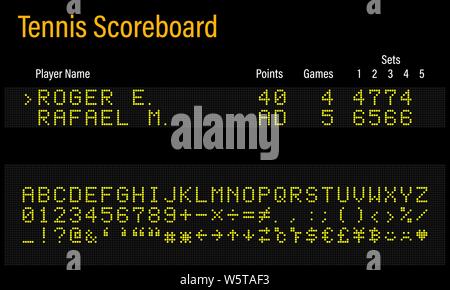 LED digitale elettronica font, lettere, numeri e simboli illustrazione vettoriale per pannello airport, informazioni sui treni e sport scoreboard - giallo Illustrazione Vettoriale