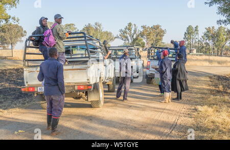 Bergville, Sud Africa - nero non identificato i lavoratori agricoli vengono fatti scendere in strada dopo una giornata di lavoro immagine in formato orizzontale Foto Stock