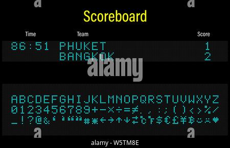 LED digitale elettronica font, lettere, numeri e simboli illustrazione vettoriale per pannello airport, informazioni sui treni e sport scoreboard - blu Illustrazione Vettoriale