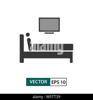 Uomo di guardare la tv a letto e la relativa icona. Isolato su sfondo bianco. Illustrazione vettoriale EPS 10 Illustrazione Vettoriale