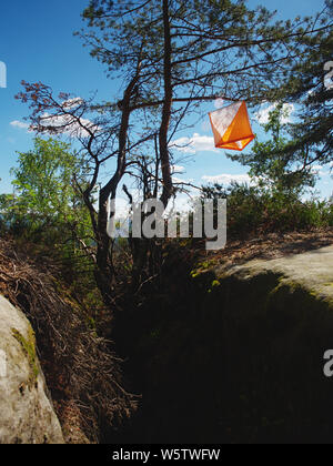 Bianco bandiera arancione segna il punto di controllo per eseguire orienteering pende su albero nella foresta di difficile e terreno roccioso in arenaria rocky park. Foto Stock