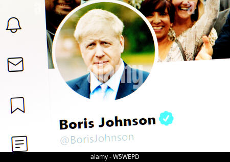 Pagina su Twitter (luglio 2019) - Boris Johnson MP - Il Primo Ministro britannico Foto Stock