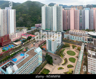 Blocchi di appartamenti in Tseung Kwan O, una nuova città in Kowloon East (i Nuovi Territori), Hong Kong, Cina Foto Stock
