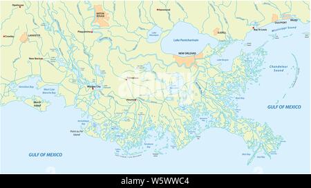 Mappa dettagliata del Mississippi River Delta negli Stati Uniti Stato della Louisiana Illustrazione Vettoriale