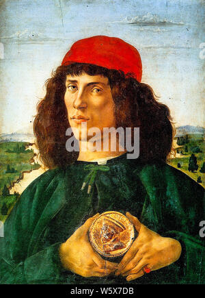 Sandro Botticelli, il Ritratto di un uomo con una medaglia di Cosimo il Vecchio, pittura, circa 1474 Foto Stock