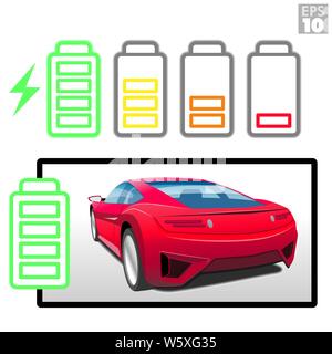 Un rosso con motore elettrico auto sportiva con differenti batteria ricaricabile icone del livello. Illustrazione Vettoriale