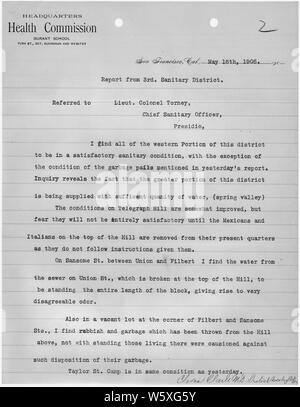 Relazione del Terzo Distretto Sanitario, San Francisco dal Distretto responsabile sanitario Charles Clark, MD, di cui al tenente colonnello Torney, capo responsabile sanitario, Presidio.; Portata e contenuto: le informazioni contenute in questo documento riguardano la risposta federale per il 1906 San Francisco terremoto e fuoco. Foto Stock