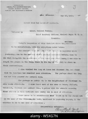 Relazione del Terzo Distretto Sanitario, San Francisco dal Distretto responsabile sanitario Charles Clark, MD, di cui al tenente colonnello G.A. Torney, capo responsabile sanitario, medico Dept (U.S.A.), Presidio.; Portata e contenuto: le informazioni contenute in questo documento riguardano la risposta federale per il 1906 San Francisco terremoto e fuoco. Foto Stock