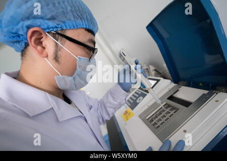 Un medico cinese lavoratore esegue i test genetici su uova fecondate o gli embrioni per provetta neonati nel laboratorio della provincia di Shanxi Scienc riproduttiva Foto Stock