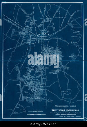 La guerra civile mappe 1172 Guida monumentale del campo di battaglia di Gettysburg una mappa che mostra la posizione di ogni monumento marcatore e tablet con avvicinando le strade e viali invertito la ricostruzione e la riparazione Foto Stock