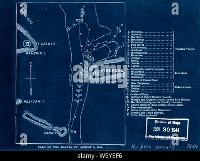 La guerra civile mappe 1350 Piano di battaglia del 5 agosto 1864 Mobile Bay invertito la ricostruzione e la riparazione Foto Stock