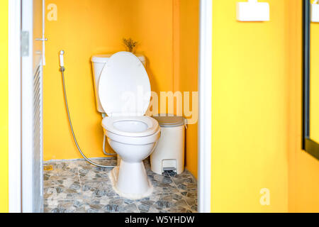 Giallo wc camera con wc a filo, tash e carta igienica al suo interno. Questo si trova nel giardino. Foto Stock