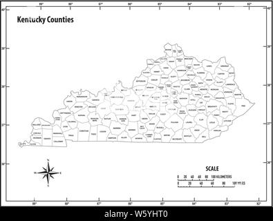 Stato del Kentucky delineare politiche ed amministrative mappa vettoriale in bianco e nero Illustrazione Vettoriale