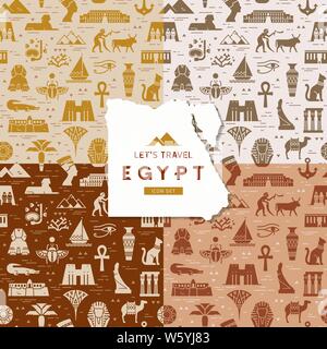 Set di quattro modelli senza giunture di simboli, punti di riferimento e segni di Egitto da icone Illustrazione Vettoriale