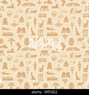 Luminoso modello senza giunture di simboli, punti di riferimento e segni di Egitto da icone Illustrazione Vettoriale